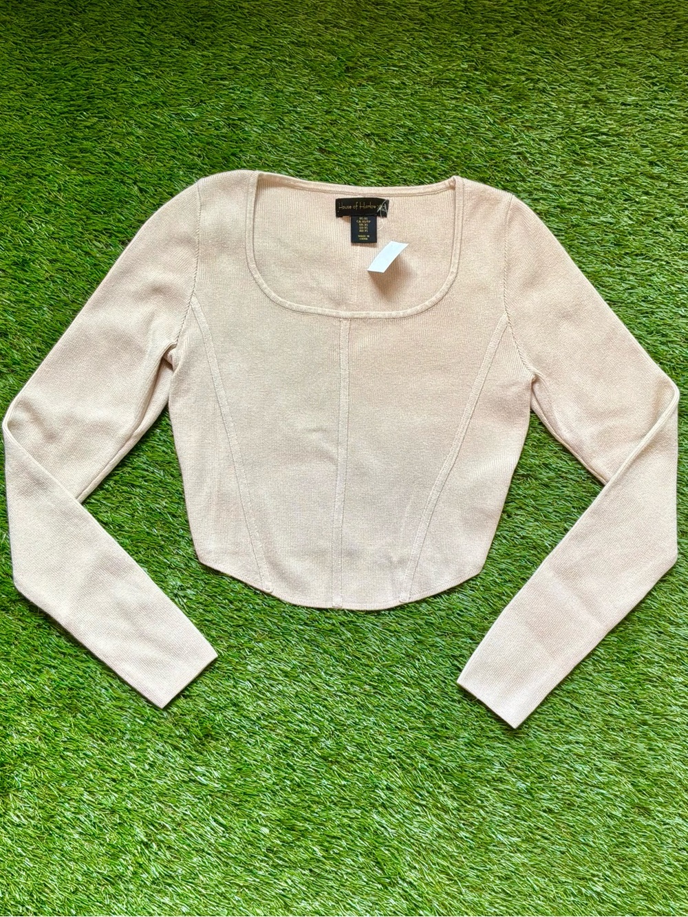 House of Harlow Ribbed Long Sleeve Crop Top XS Beige